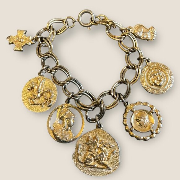 Vintage Gold-Tone Charm Bracelet With Coin & Medallion Designs 7 Inch Length - Picture 1 of 3
